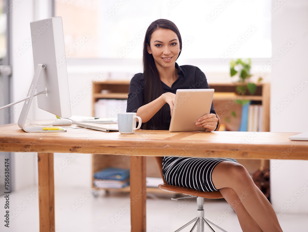 Tablet, portrait and business woman in office with social media, ebook or email, client or communication. Digital, app or female consultant online for networking, planning or research on coffee break Tablet, portrait and business woman in office with social media, ebook or email, client or communication. Digital, app or female consultant online for networking, planning or research on coffee break