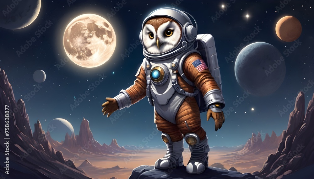 Fototapeta premium An owl wearing a spacesuit with a helmet jetpack and moon boots against a starry night sky background with planets and galaxies