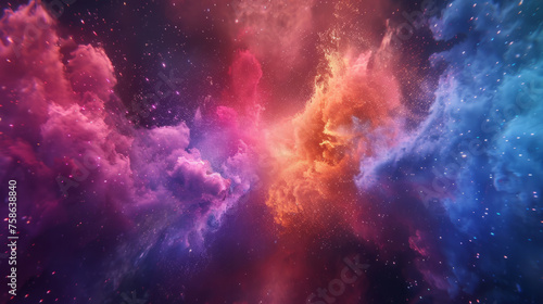 A vibrant cosmic scene with rich hues of purple, pink, orange, and blue nebulae, scattered with sparkling stars, suggesting a dynamic and mysterious outer space.