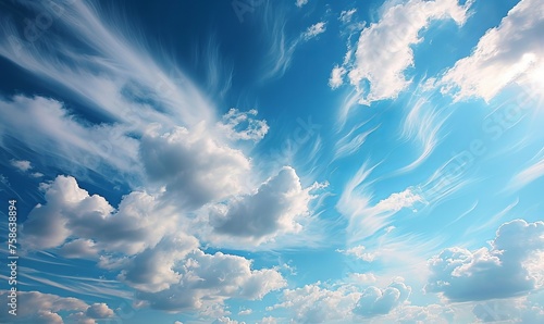 Blue sky with white clouds, long cirrus clouds, cirrostratus, sunny day, fair weather, bright daylight, sky with few clouds, sky gradient, sky background, Generative AI 