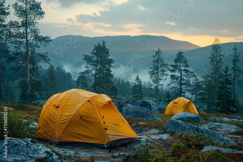 Wilderness Escape: Serene Campsite at Dusk in the Forest