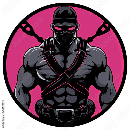 Pumped-up man in harness, mask and chains. Round element no background, transparent background, png