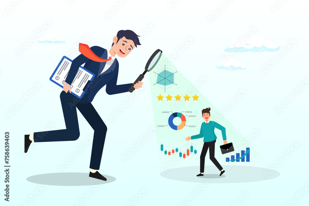 Businessman manager use magnifier to analyse employee with 5 stars rating, employee performance evaluation, appraisal or annual review for goals achievement, assessment for rating or feedback (Vector) Businessman manager use magnifier to analyse employee with 5 stars rating, employee performance evaluation, appraisal or annual review for goals achievement, assessment for rating or feedback (Vector)