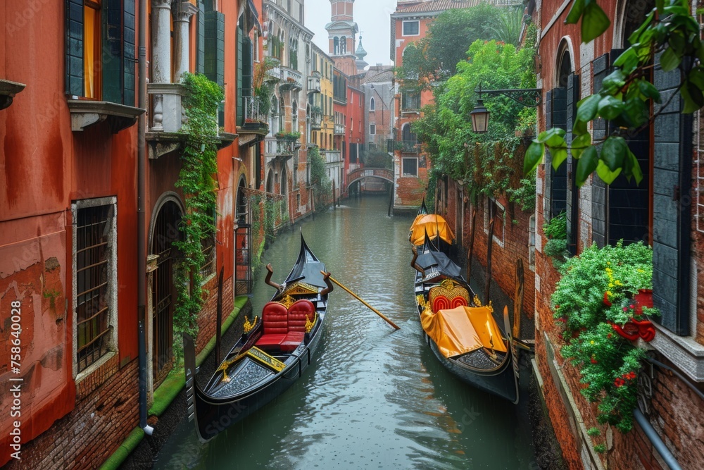 Gondolas navigate a misty canal in Venice, lined with vibrant houses.
