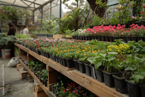 Customers peruse a vibrant garden center on a damp day.