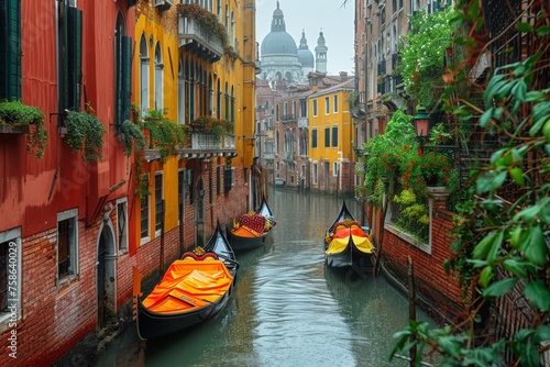 Gondolas navigate a misty canal in Venice, lined with vibrant houses. © Denis Yakovlev