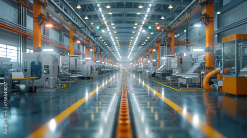 Modern industrial factory interior with a symmetrical perspective of a long hallway flanked by high-tech machinery, glowing fluorescent lights