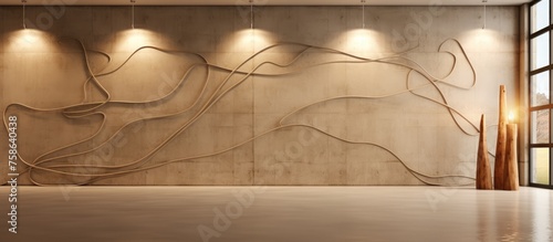 Abstract interior design with smooth beige concrete walls and brown wires