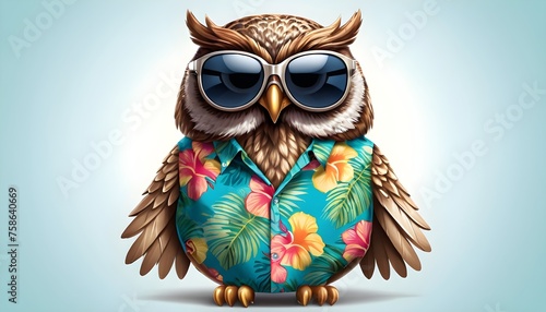 An owl dressed in a Hawaiian shirt and sunglasses ready for a tropical vacation