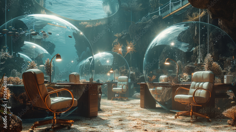 Futuristic underwater office setting with transparent domelike