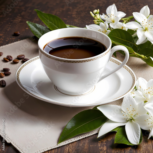 Photo a cup of coffee with flowers on the table