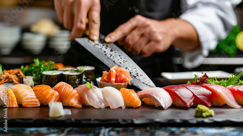 A Japanese chef skillfully slicing fresh sashimi with a sharp knife.