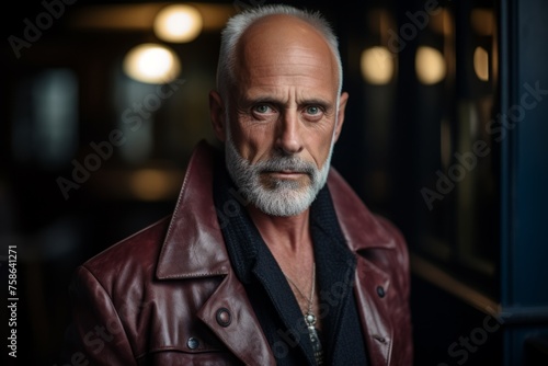 Portrait of a handsome senior man with gray beard and mustache wearing brown leather jacket.