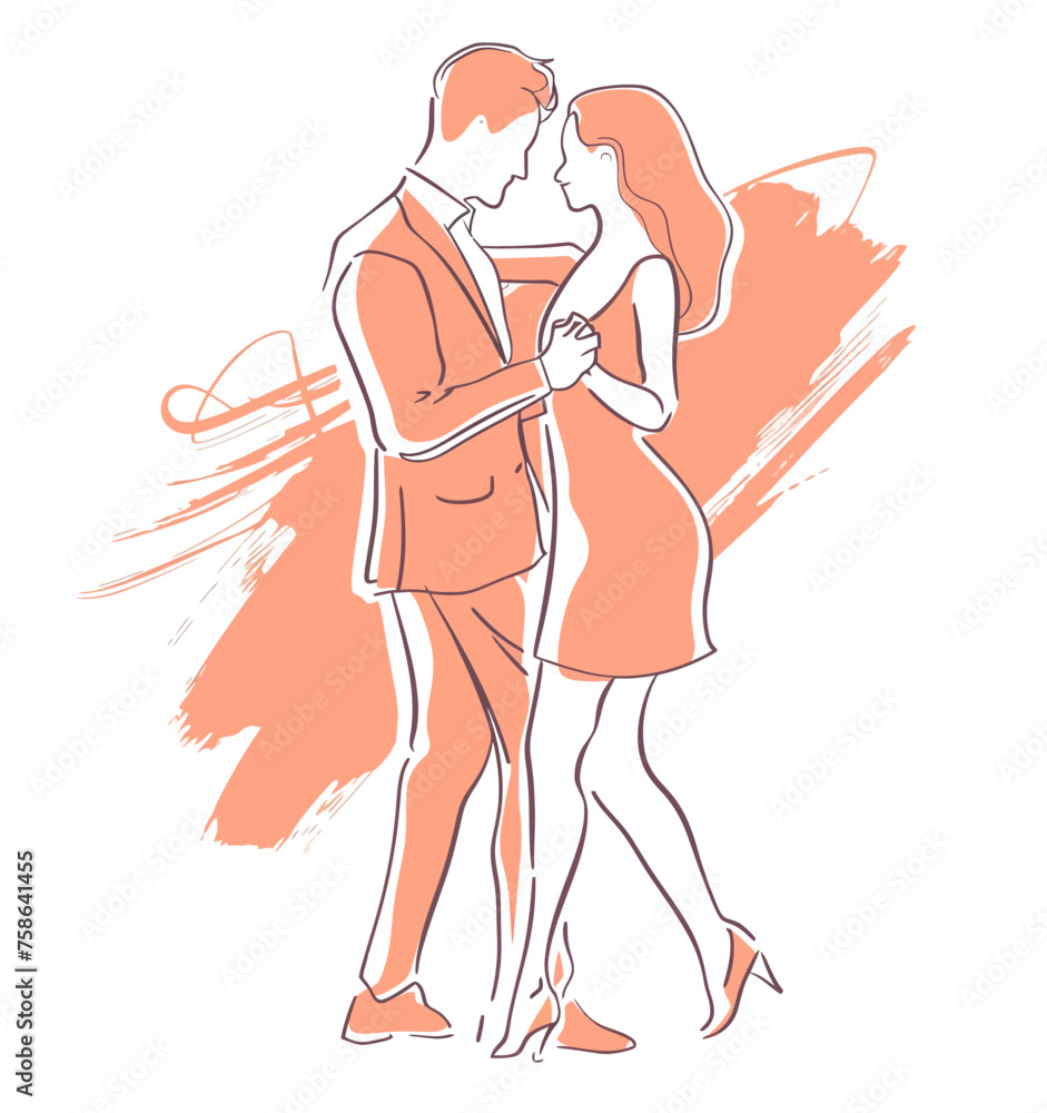 Couple dancing in the club, simple vector line drawing, white background