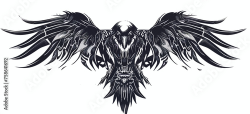 Tattoo design of a symmetrical and aggressive cyberpunk raven on a white background