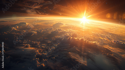 A breathtaking view of the sun casting its golden light over a cloud-covered earth with glimpses of land masses and a vibrant sky showcasing the beauty of dawn or dusk from space.