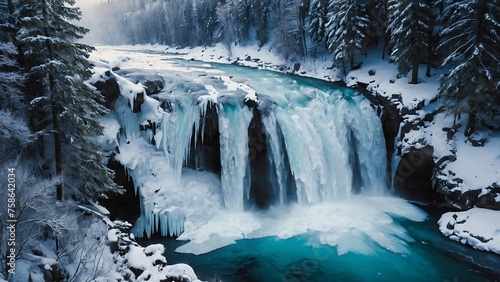 Fantastic winter landscape with waterfalls and snow covered trees.