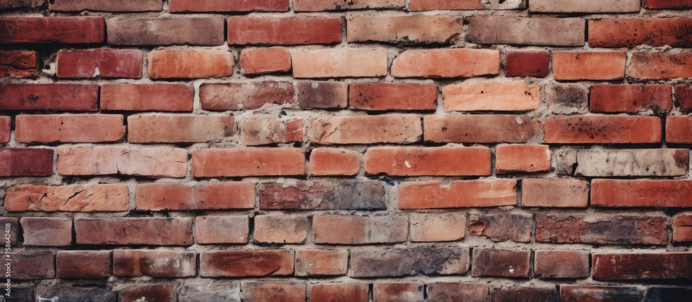 A detailed close up of a red brick wall showcasing the intricate pattern of rectangular bricks. The brickwork forms a strong and durable facade, making it a popular building material choice A detailed close up of a red brick wall showcasing the intricate pattern of rectangular bricks. The brickwork forms a strong and durable facade, making it a popular building material choice