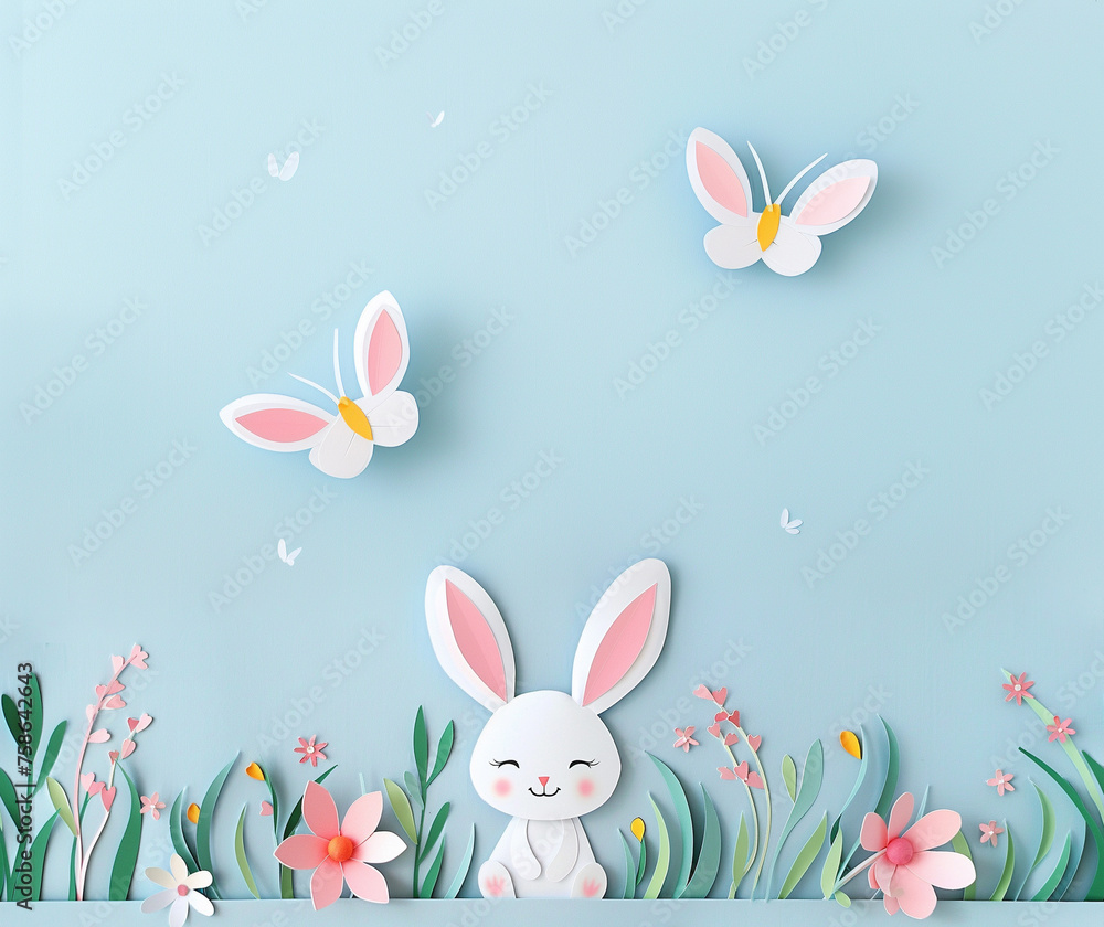Easter bunny scene in 2D cut paper. AI