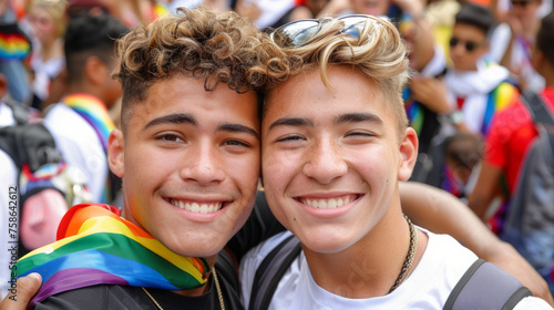 coppia omosessuale  sorridente  alla parata dell'orgoglio con bandiere LGBTq photo