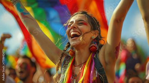 persona omosessuale  sorridente  alla parata dell orgoglio con bandiere LGBTq
