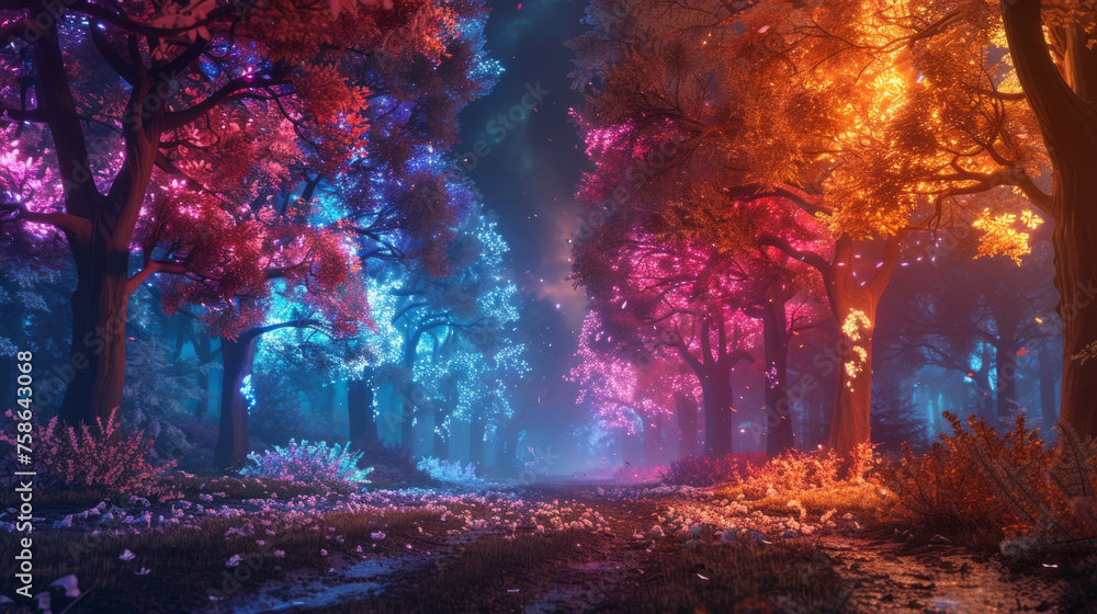 Enchanting forest pathway illuminated by the ethereal glow of multi-colored lights amidst the trees, with a starry sky peeking through the canopy above