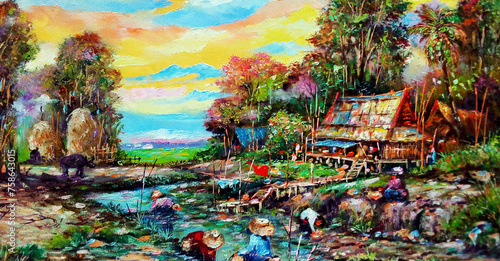 The collection of colorful oil paintings is a background from Thailand. Countryside 