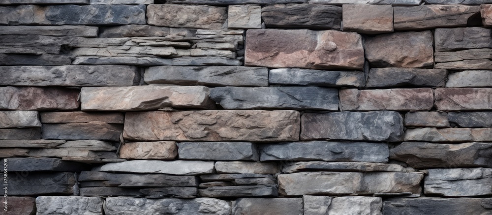 A detailed closeup of a stone wall constructed from a mix of rocks including cobblestones, creating a textured and visually appealing facade