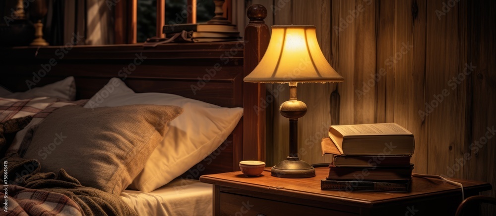 Bedroom with book and lamp on table Bedroom with book and lamp on table