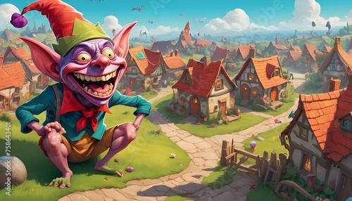  The joy of playful antics with Giggles the Goblin a mischievous creature with a jester hat and a whoopee cushion pulling hilarious pranks amidst a village of whimsical cottages