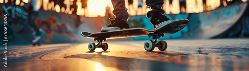 Close-up of a skateboard in motion at a skate park during sunset, with graffiti in the background. photo