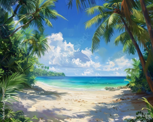 A vibrant digital painting of a tropical beach with clear blue waters and lush greenery.