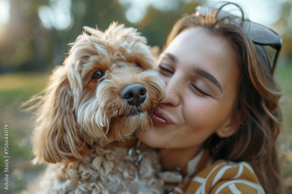 Close-up portrait of young beautiful girl hugging and kissing her cute dog while walking in autumn park. Love and affection between owner and pet. Close-up portrait of young beautiful girl hugging and kissing her cute dog while walking in autumn park. Love and affection between owner and pet.