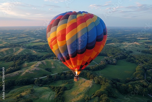 A hot air balloon floats over rolling hills during a serene sunset.