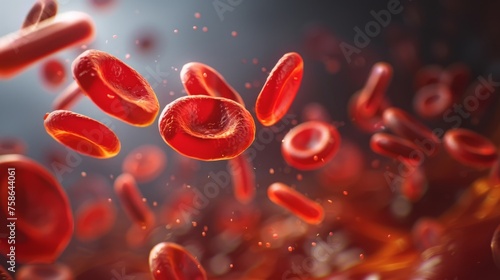 Highly detailed 3D illustration of red blood cells in a vibrant, dynamic bloodstream environment.