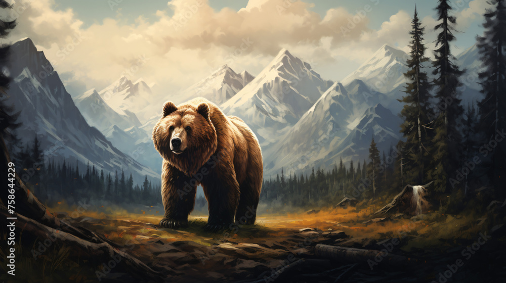 Bear in a Forest with mountains Oil Painting artwork  - obrazy, fototapety, plakaty 