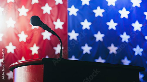 A microphone stands on a podium with a blurred American flag in the background implying a political event or speech