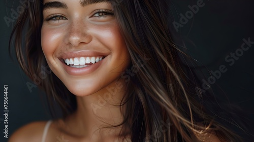 Radiant smile portrait of a young woman, joyfulness captured in a close-up. expressive eyes, happiness, and beauty in a simple style. ideal for lifestyle and wellness content. AI