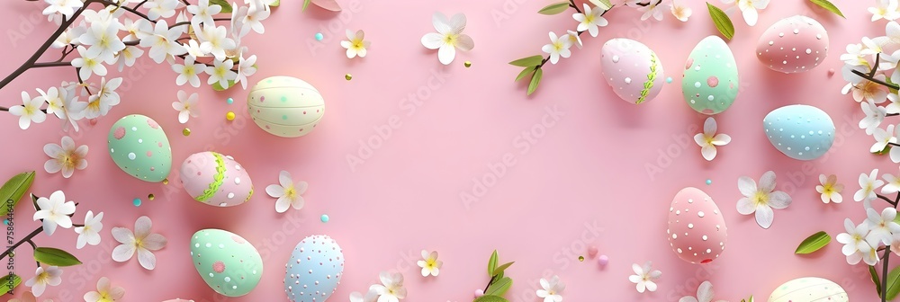Easter background with eggs and flowers, pink. AI Easter background with eggs and flowers, pink. AI