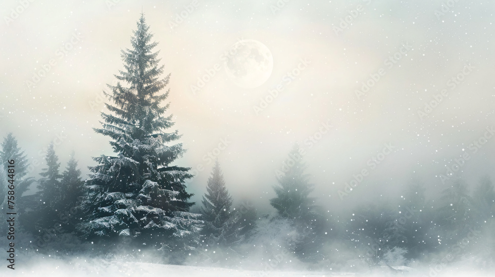 Beautiful christmas tree in winter forest with moon 