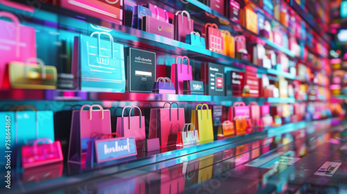 Colorful digital rendering of a modern shopping environment with rows of vibrant virtual shopping bags, indicating e-commerce and online shopping concepts. © ChubbyCat