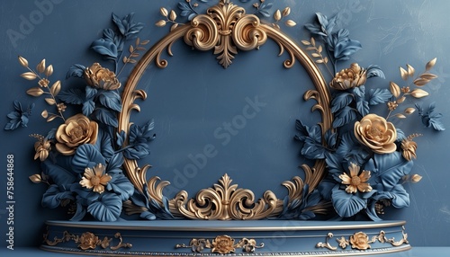 empty Podium and baroque gold motifs on blue background, elegant style, used for displaying products