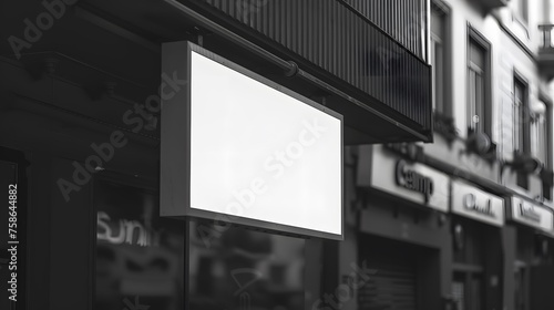 Blank whiteboard in front of coffee shop, restaurant, outdoors. front view. monochrome, copy space, mockup product.