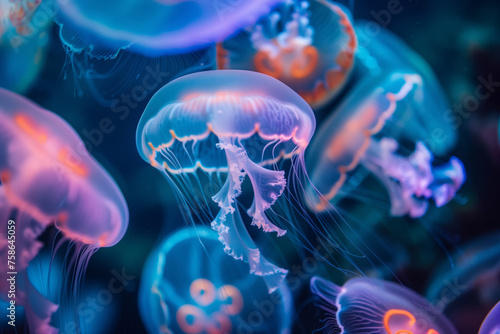 Jellyfish Ballet Beneath the Waves. A swarm of jellyfish undulating under dappled sunlight © devmarya