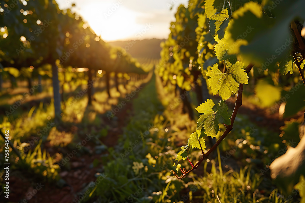 Naklejka premium Sunset in the vineyard ai generated art. 