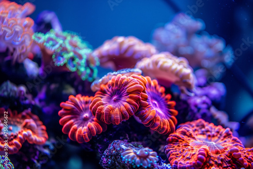 Vibrant Coral Ecosystem. Radiant pink coral branching out in deep blue waters.
