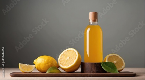 Several lemons lie on a wooden podium against a bright background. Incredibly beautiful lemon composition.