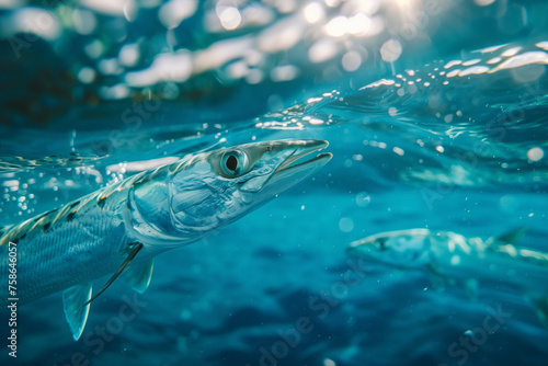 Barracuda Gliding through Sunlit Waters. Sleek barracuda swimming just below the ocean's surface, catching the light