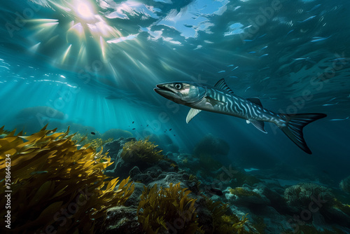 Barracuda Gliding through Sunlit Waters. Sleek barracuda swimming just below the ocean's surface, catching the light © devmarya