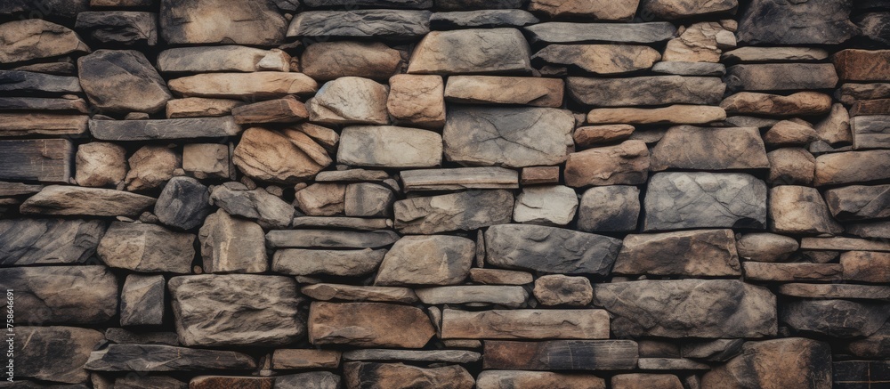 A close up of a stone wall made of a variety of rocks, showcasing a mix of cobblestone, brickwork, and rectangular stones. The wall is surrounded by lush green grass